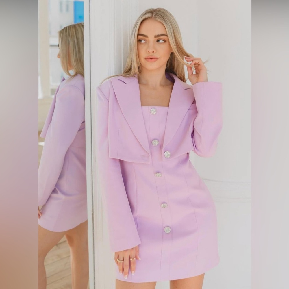 Mori Jasmine Lilac Blazer & Dress with Chic Accent Crystal Buttons.